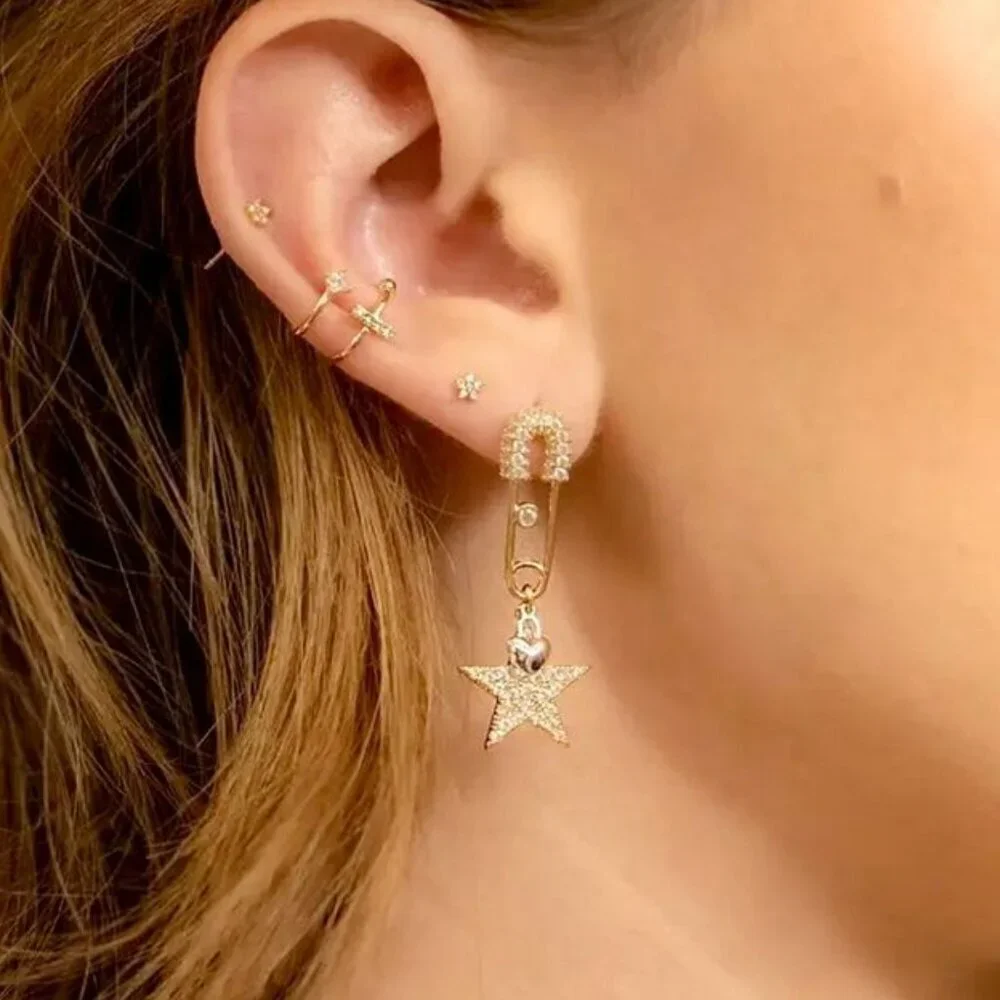 14K Gold Plated Safety Pin Earrings Star Charm Crystal Pave Unique Trendy - Picture 2 of 4